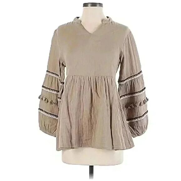 AndTheWhy Women's Light Brown Crinkled Cotton Long Sleeve V-Neck Top NEW - Picture 2 of 16